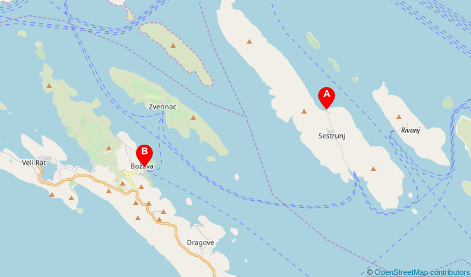 Map of ferry route between Sestrunj and Bozava